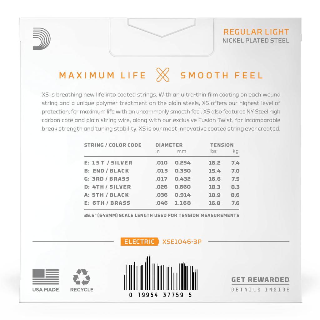 D'Addario XS Coated Nickel Electric Guitar Strings, Regular Light, .010-.046, XSE1046-3P (3-pack) [Official Japanese Product]