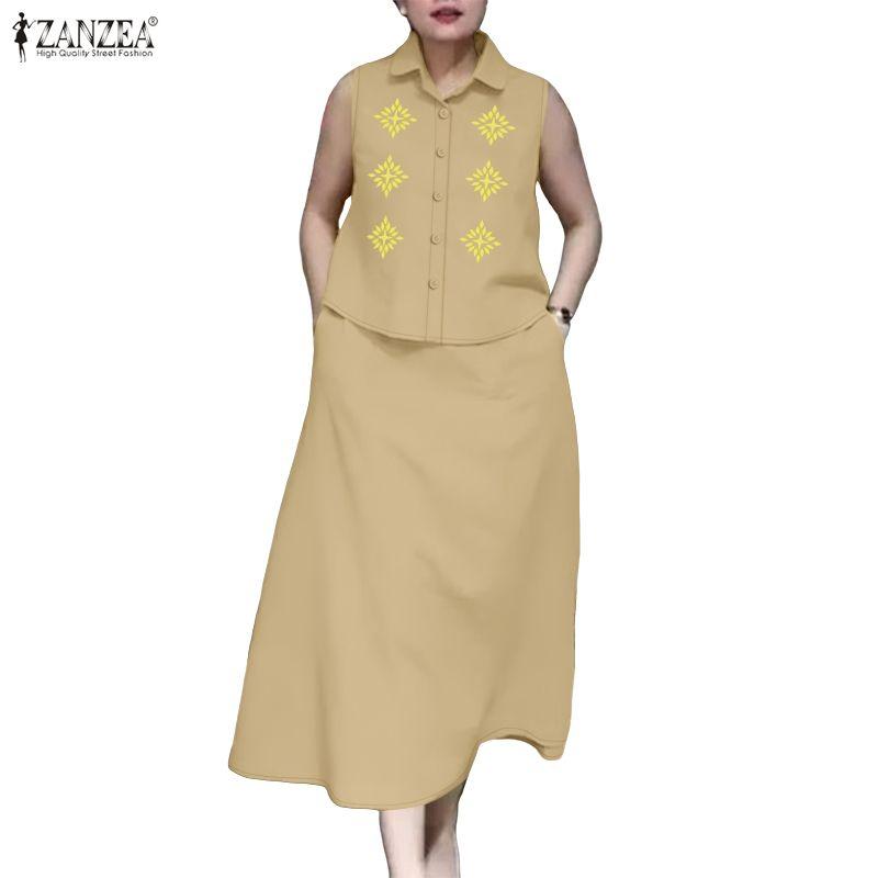 ZANZEA Women Sleeveless Print Vest Tops and Long Skirts Summer Two Piece Suit Sets