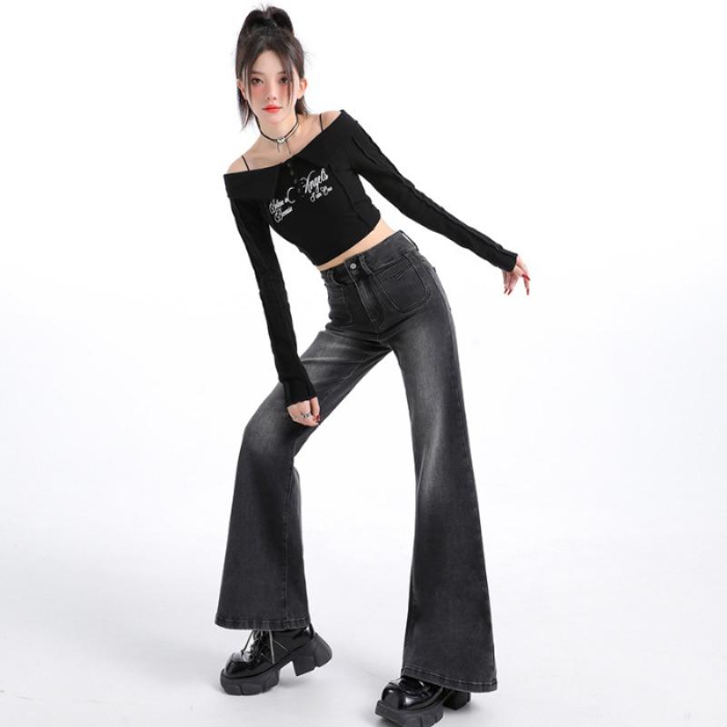 Autumn and winter new velvet slightly high-waisted jeans women's non-stick leg flared pants children