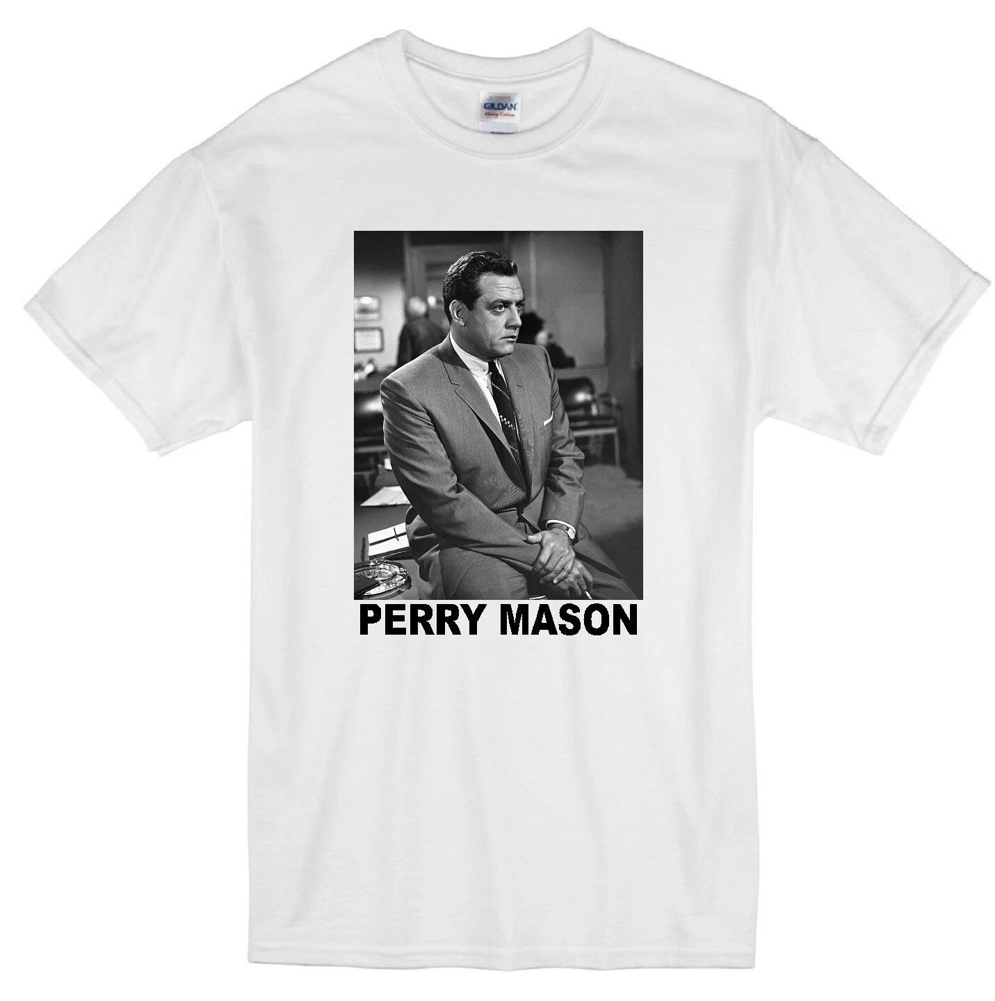 

PERRY MASON RAYMOND BURR ATTORNEY LAWYER RETRO TV CRIME COURTROOM WHITE T-shirt S