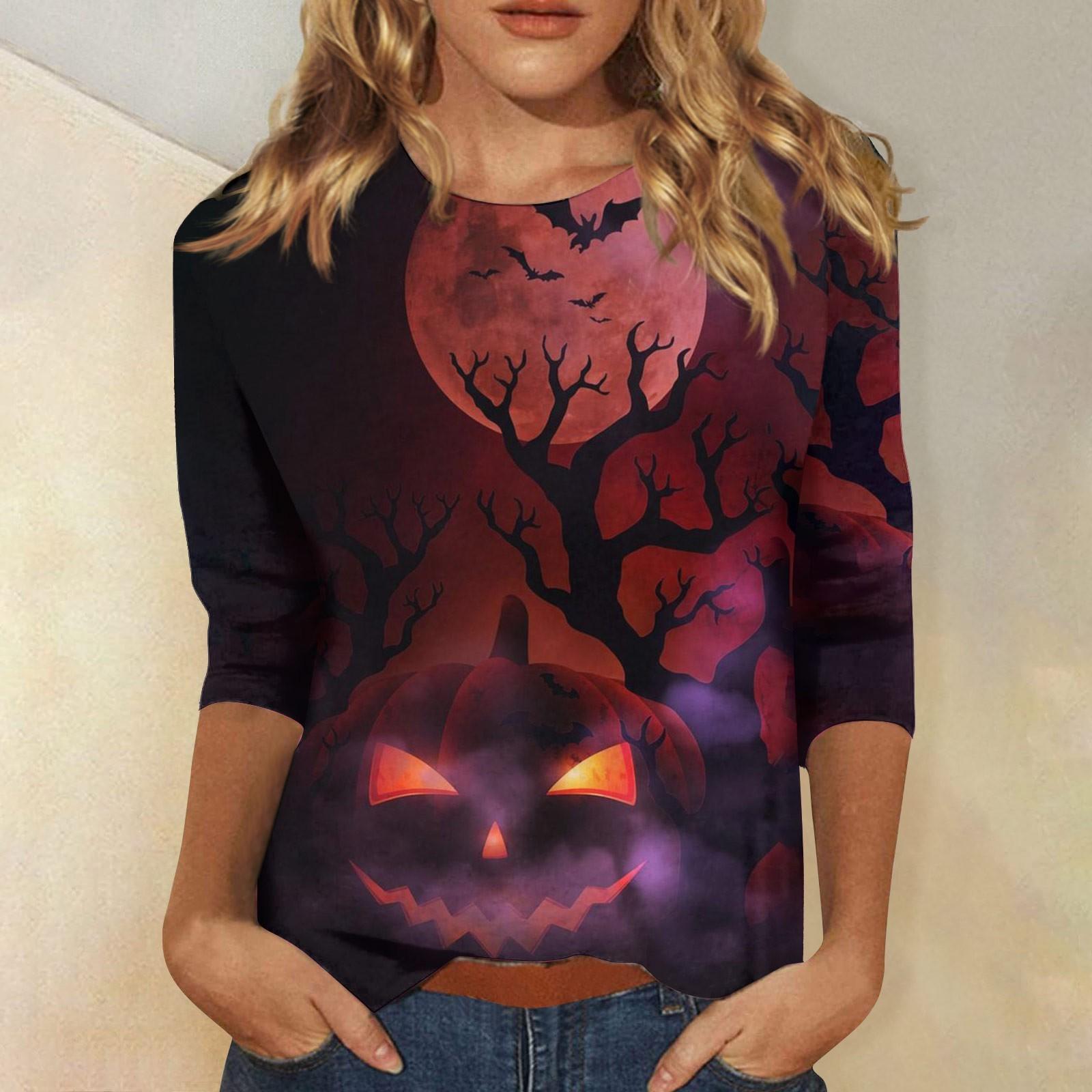 

Женская модная повседневная свободная футболка с круглым вырезом и рукавами 3/4 на Хэллоуин, женский топ XL винный