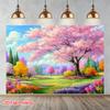 Plano 2D, fundo impresso de pintura de paisagem de primavera com flores de cerejeira, tecido de poliéster, para uso doméstico e de estúdio