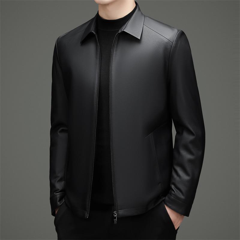 Autumn and winter new Haining clothes men's business casual simple sheepskin jacket dad lapel leather jacket