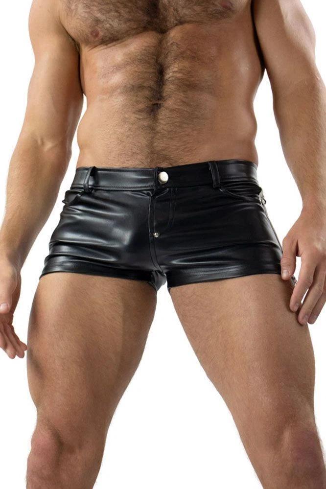 Leather Black Men Short Pants Soft Side Zip Lambskin Gym Sports Boxer Pocket