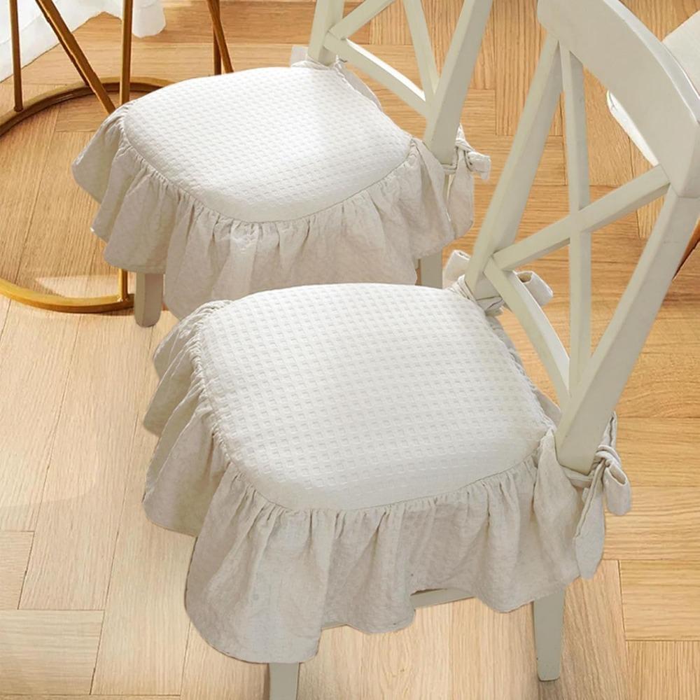 French Cotton Simple Seat Cushion,Fabric Not-Slip Soft Chair Pad, Ruffled Skirt Seat Cover, Soft Ruffled Design & Cotton Fill
