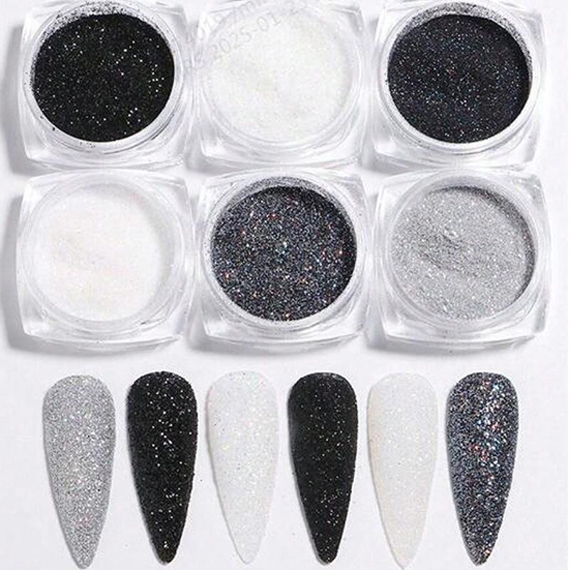 6 Pcs Nail Polish Glitter Fine Sand Holographic Glitter Powder Black White Reflective Pigment Flakes Powder Manicure Accessories