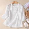 Women's Ruffle Neck Three Quarter Sleeve Blouse Loose Fit Vintage Floral Embroidery Linen Shirt
