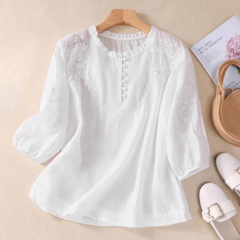 Women's Ruffle Neck Three Quarter Sleeve Blouse Loose Fit Vintage Floral Embroidery Linen Shirt