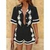 Women 2 Piece Set Floral Embroidered Short Sleeve Shirt and High Waist Shorts With Belt Multi Color