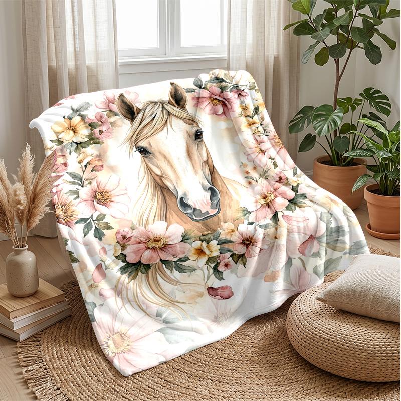 Horse Amidst Floral Splendor Theme Blanket Lightweight Warm Flannel Blanket Decorative Throw Blanket for Home Decoration