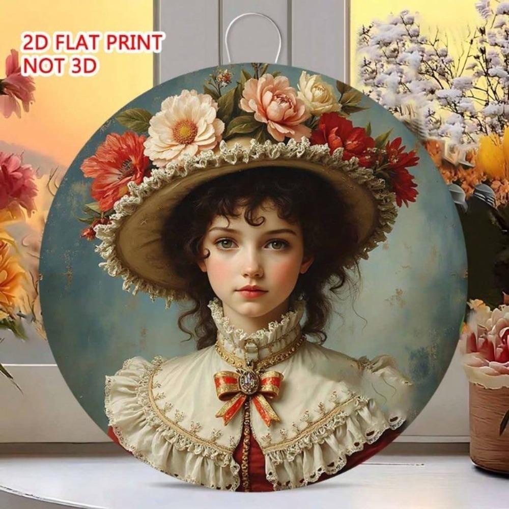 Vintage Victorian Lady Metal Wall Art Round 8x8 Inch Floral Hat Lace Collar Retro Tin Sign Home Cafe Office Decoration
