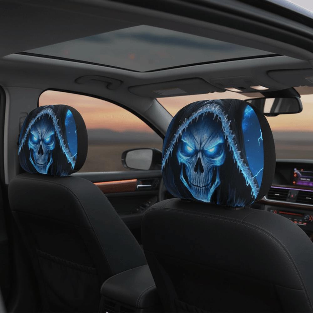 1pair Elastic Fabric Skull Headrest Cover Universal Fit Halloween Auto Slipcover Punk Drivers