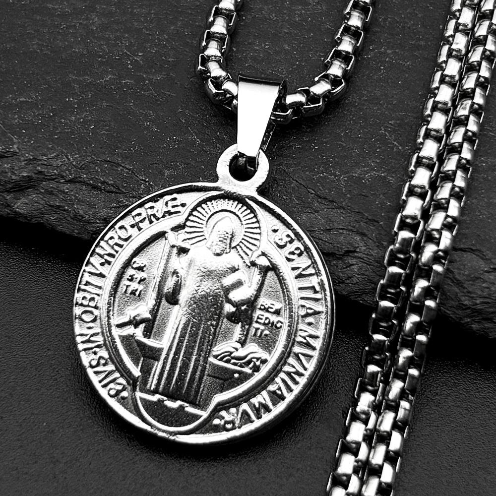Catholic Saint Benedict Medal Stainless Steel Pendant Necklace for Women Men Gold Color San Benito Chain Necklace Amulet Jewelry