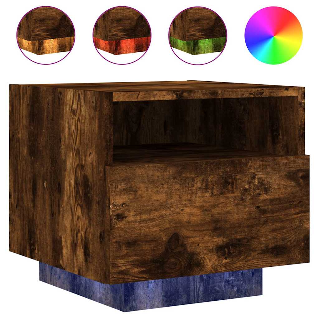 Nightstand with LED Lights Smoked Oak Finish 40 X 39 X 37 Cm