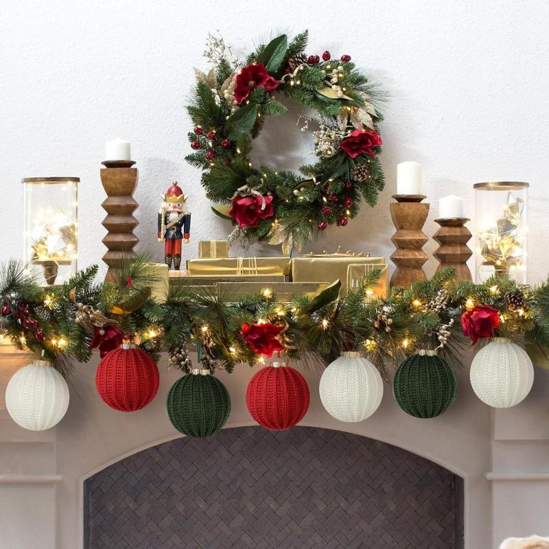Handmade Knitted Christmas Ornament Balls Set Red Green White Tree Decor Holiday Home Festive Decoration