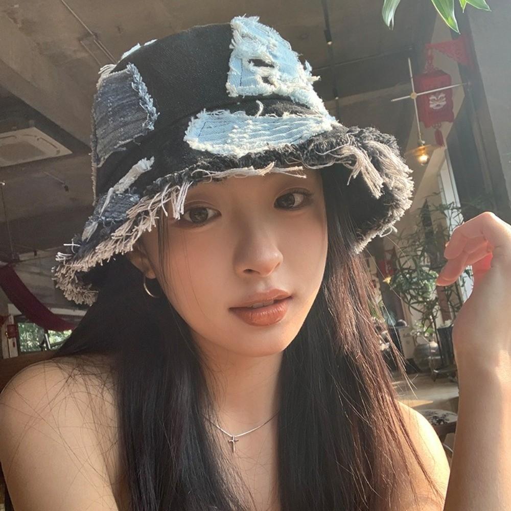 Beggar Style Retro Fisherman Hat Patched Sun Protection Basin Cap Fashion Denim Bucket Hat  Women