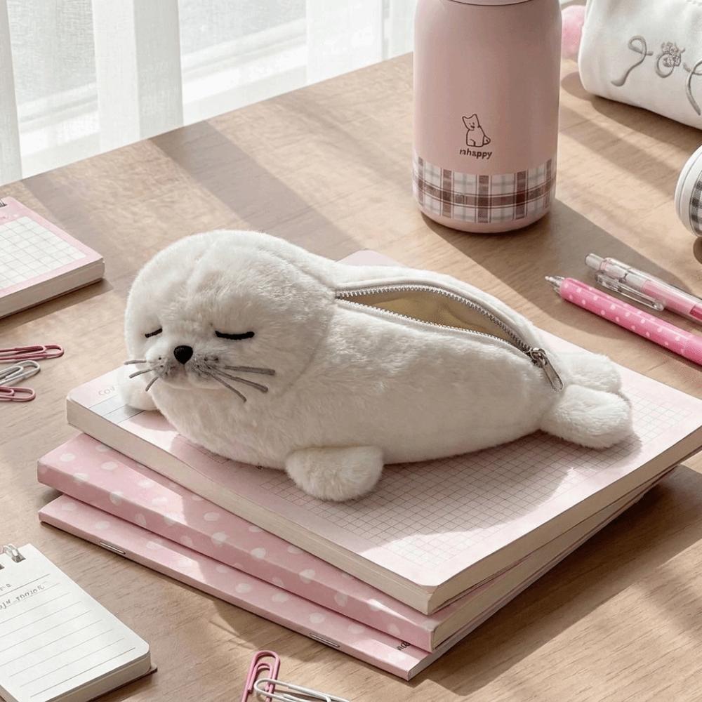 Fish Seal Pencil Case Large Capacity Storage Pouch Funny Plush Pencil Bag  Home