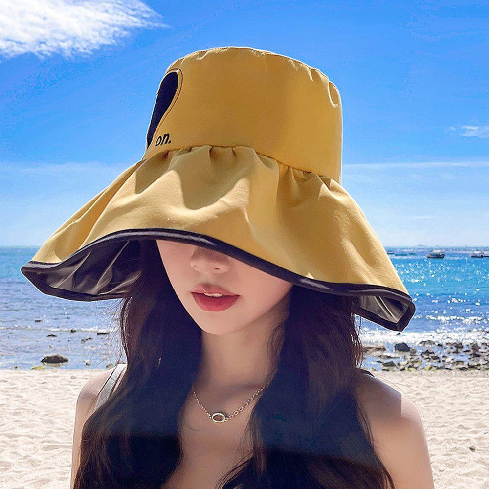 

Beach Soild Color Sunshade Summer Embroidery Letter Heart Bucket Cap Women Sun Hat Korean Style Cap
