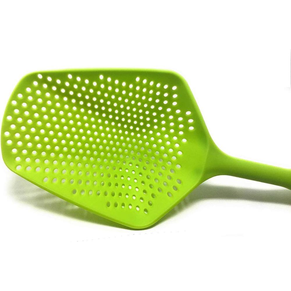 Large Strainer Spoon Long Handle Tool Colander Draining Scoop Pasta Strainer Cooking Kitchen for Spaghetti, Noodles, Veggies 13.5'' Utensils, Green
