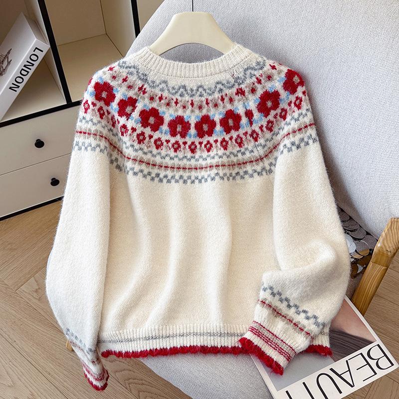 Women's Fair Isle Floral Jacquard Sweater - Soft, Fluffy Knitwear Cardigan Pullover for 2026 Autumn/Winter Collection.