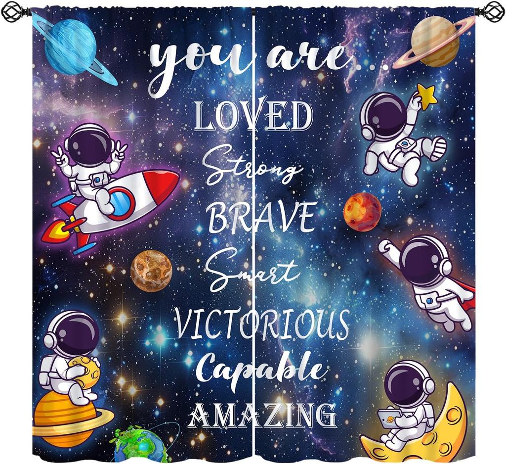 Solar System Window Curtains, Outer Space Space Astronaut Galaxy Window Treatments for Kids Boys Girls Bedroom Living Room