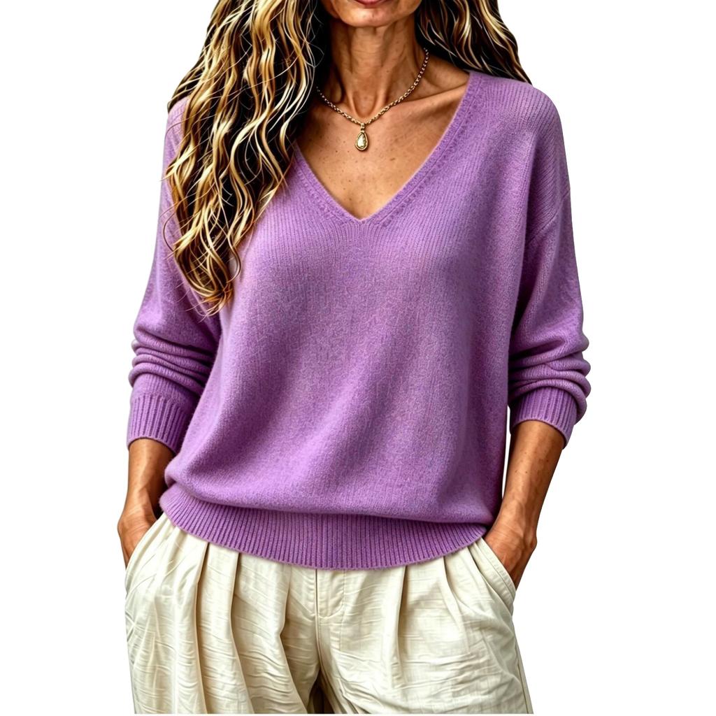 Women's V-Neck Pullover Knit Top, Loose Fit Color Casual Basic for Everyday Wear