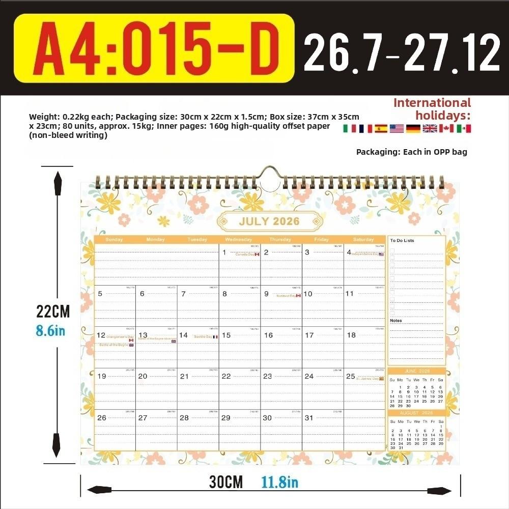 

Thick Paper English Calendar Hook Hanging Daily Study 18 Months Calendar Holidays Marked July 2026-December 2027