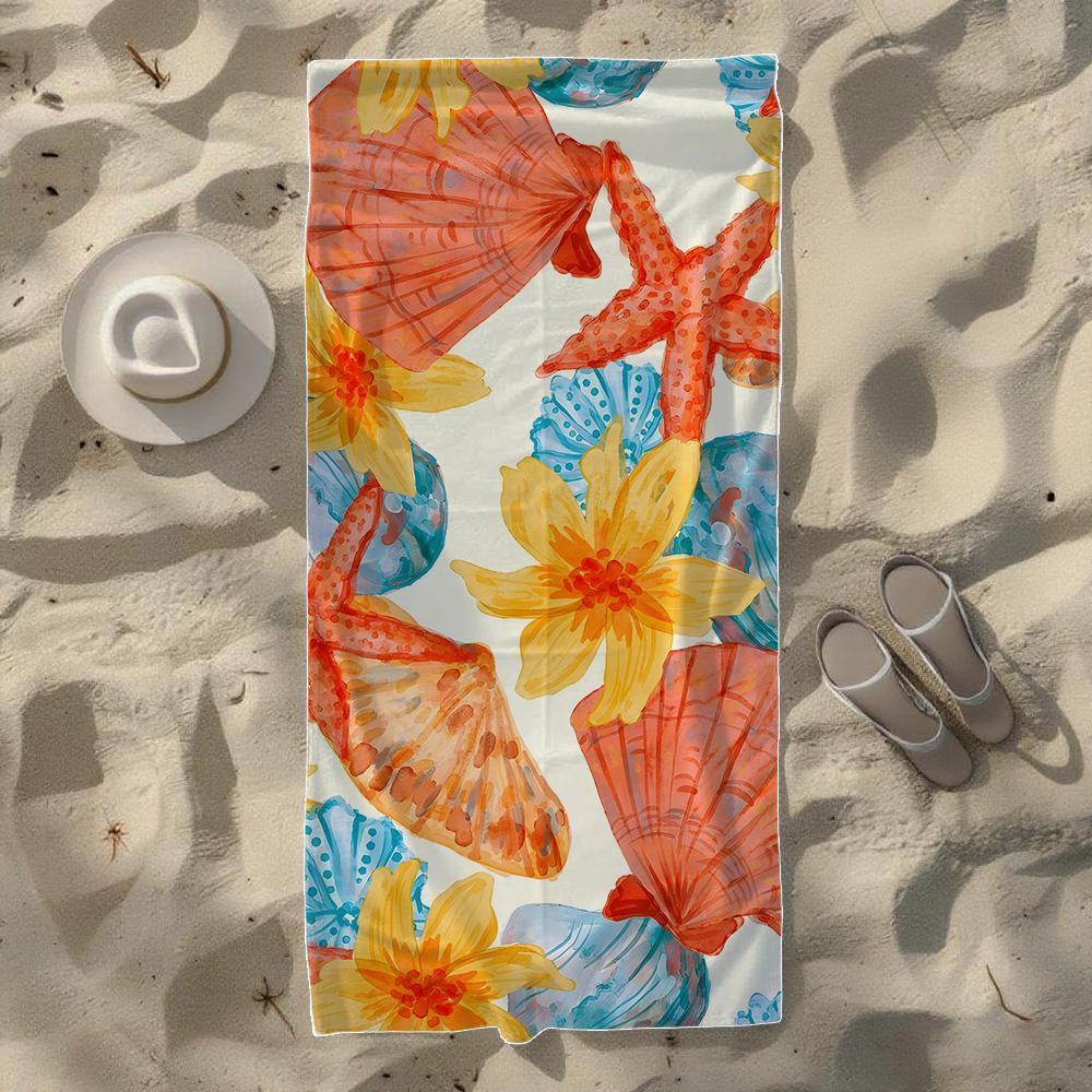 Watercolor Seashell &Tropical Marine Creature Beach Towel, Soft Durable Quick-Drying, Ideal For Summer Beach, Swimming & Camping