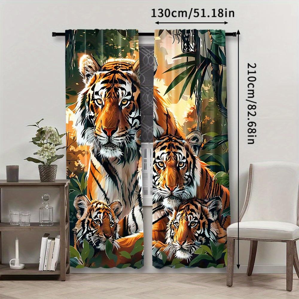 2pcs, Tiger Print Curtains, Rod Pocket Window Treatment, for Bedroom Living Room, Home Decoration, Room Decoration
