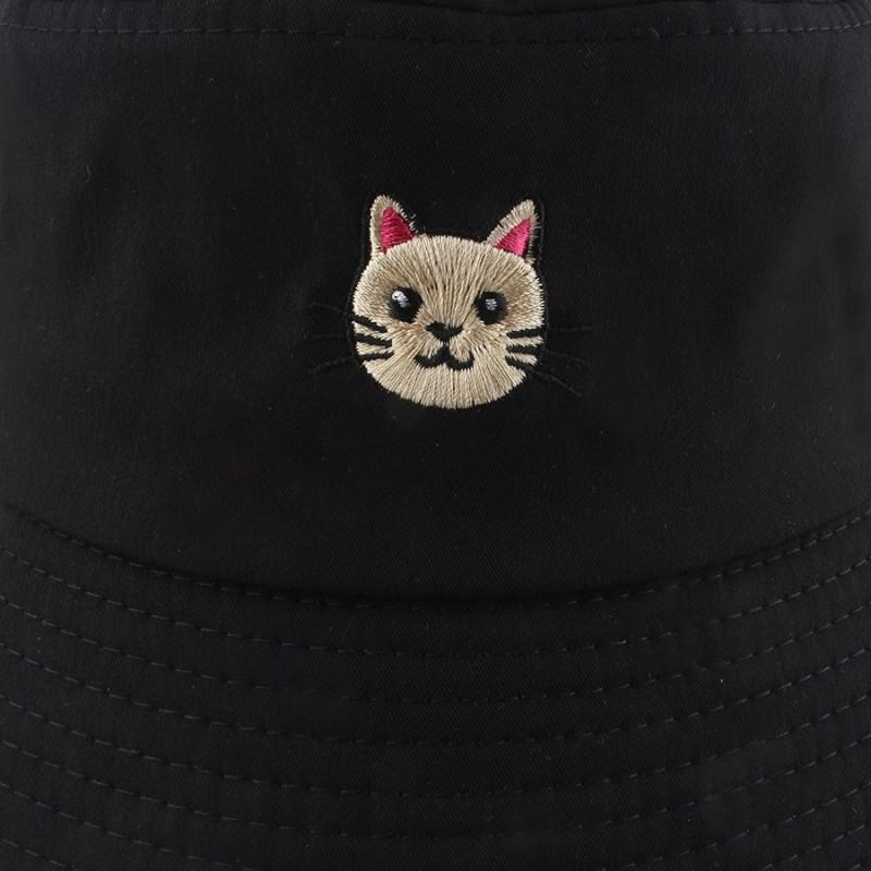 Unisex Cotton Blend Fisherman Hat With Cat Embroidery Wide Brim Outdoor Cap Winter