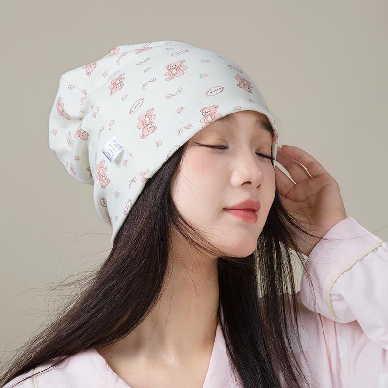Windproof Double-Layer Postpartum Maternity Hat - Pure Cotton, High Elastic, Hexagonal Design.