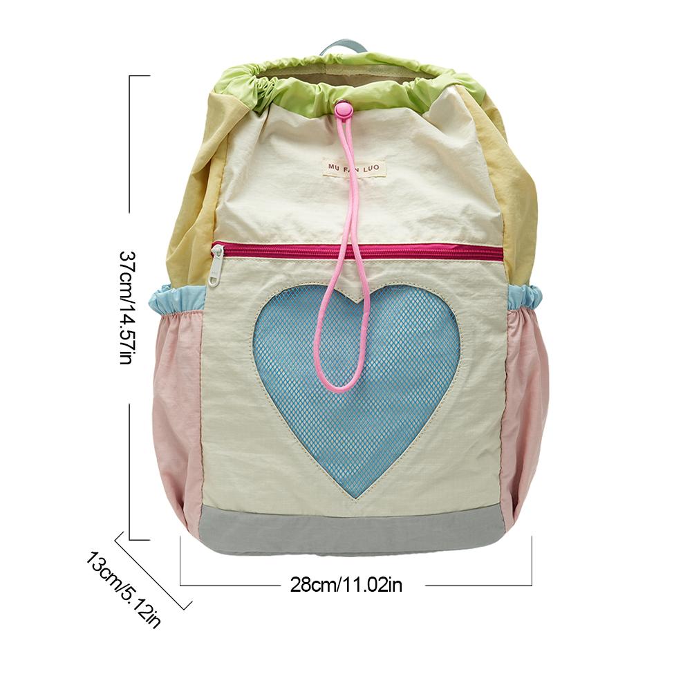 Backpack for Women Girls Color-Block Bookbag Nylon Drawstring Laptop Backpack Adjustable Strap for Travel School