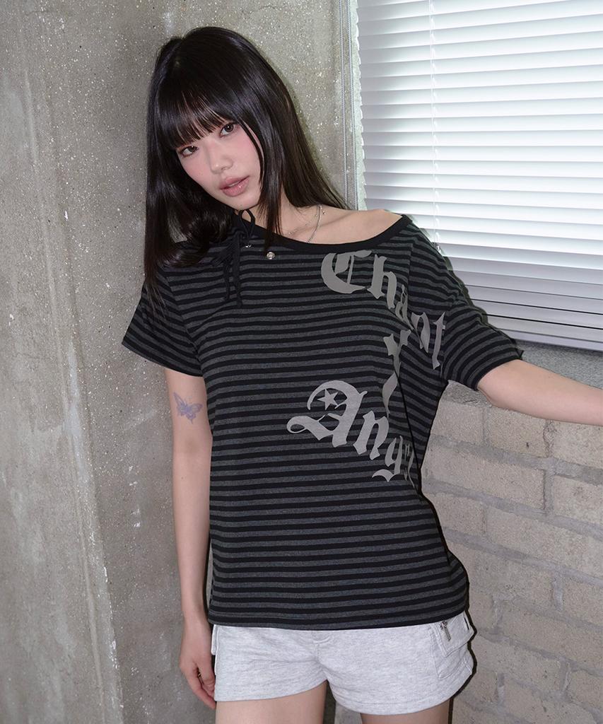 PRENDA Ribbon Tie Eyelet Striped Tee Black