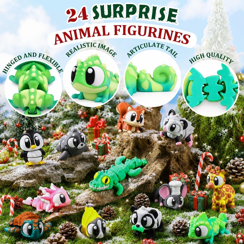Christmas Advent Calendar with Mini 3D Printed Animals  24 Days with Big Eyes Flexible Fidget Kids Xmas Party Favors Gifts