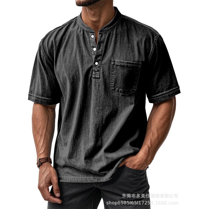 Mens Casual Washed Denim Henley Neck Short Sleeve T Shirt With Pocket