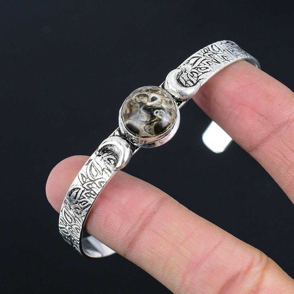 Natural Turritella Agate 925 Silver Bangle Crescent Moon Adjustable For Girls