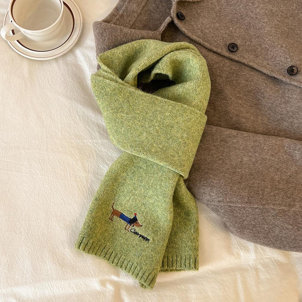 New Autumn and Winter Knitted Wool Scarf for Women Korean Version Versatile Embroidered Dachshund Woolen Neck Scarf Thickened Warm Scarf
