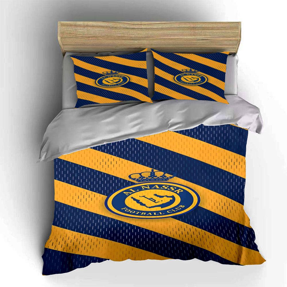 Gelb-blaue Streifen, Al-Nassr-Logo. Bettwäsche-Sets Bettbezug-Sets Bettbezüge Kissenbezüge(1*Bettbezug 2*Kissenbezüge ohne Bettdecke)