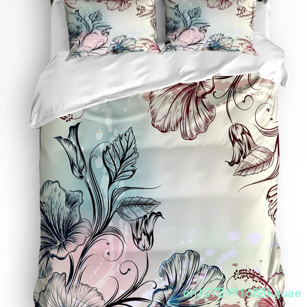 Set Biancheria da Letto Retro 3 Pezzi Colibrì Fiori di Ibisco Copripiumino Federa Bambini Adulti Copripiumino Set Letto Matrimoniale Tessile per la Casa