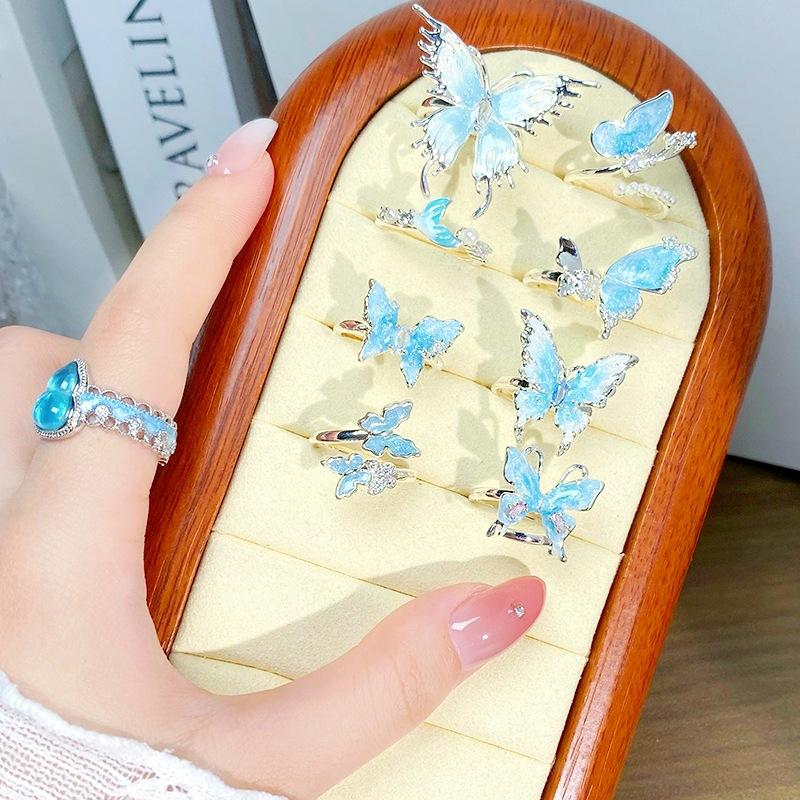 Small Fresh And Cool Butterfly Blue Enamel Dripping Oil Opening Ring Niche Light Luxury High-End Feeling Stacked Ring Woman