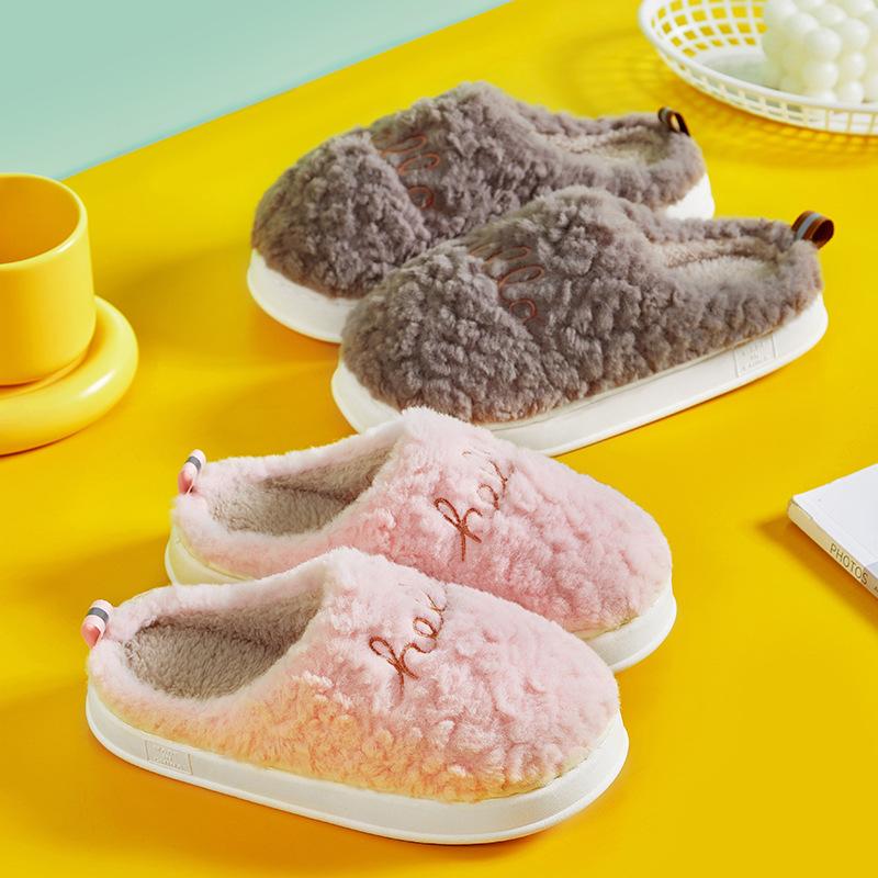 Hello embroidered plush cotton slippers indoor thickened warm cotton mop non-slip home slippers winter