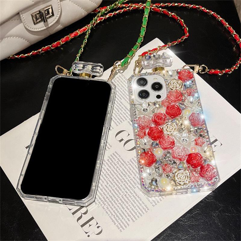 For Apple 16pro Perfume Bottle Phone Case Rhinestone Rose for IPhone17 Crossbody Full Diamond 14 Luxury