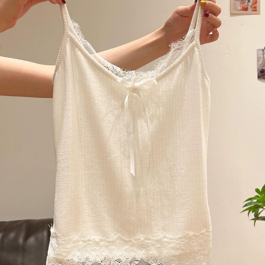 Women's Plus Size Cotton Lace Bow Camisole - Slim Fit Spring/Summer Layered Tank Top