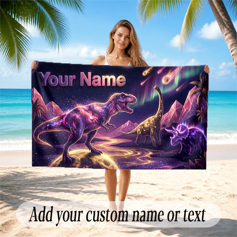Dinosaur Theme Quick Dry Beach Towel Custom Name Text Print Large Sand Resistant Towel Beach Vacation