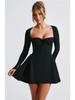 Long Sleeve A-line Sexy Mini Dress for Women Robe Autumn Fall Bow Square Collar Pleated Dress Elegant Dresses