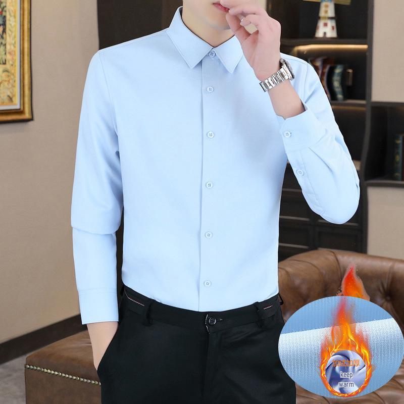 Men's Long Sleeve Thermal Fleece Shirt – Woodpecker Winter Business Casual, Stretch Solid Color, Thick and Lined.