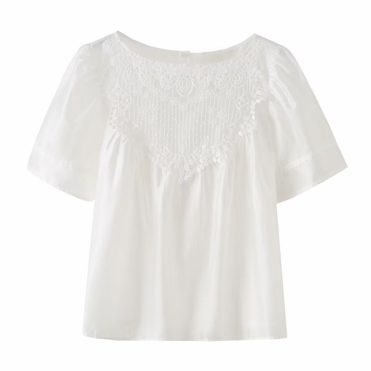European and American style, new women s clothing, foreign style, fashionable style, embroidered round neck casual short-sleeved shirt XS белый