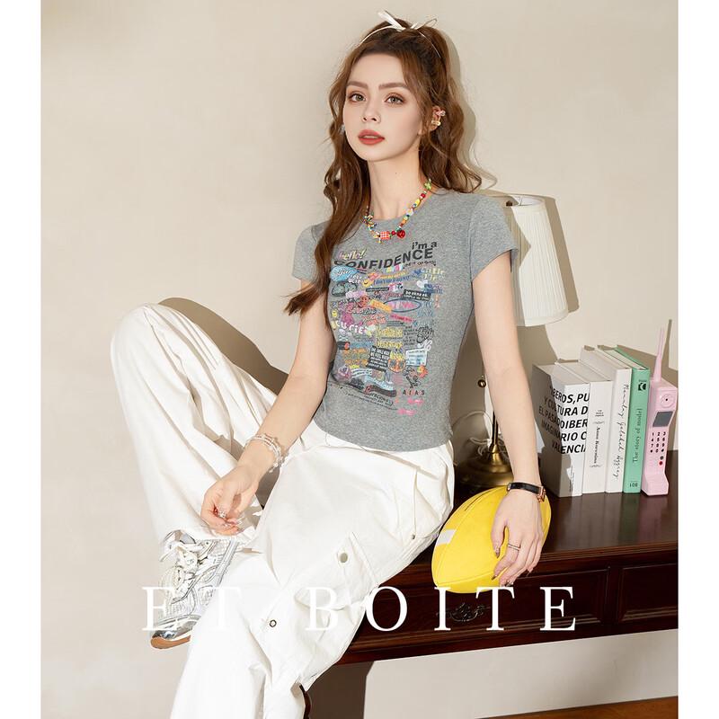 Women s French Box Cartoon Graffiti Print Slim Fit T-Shirt M