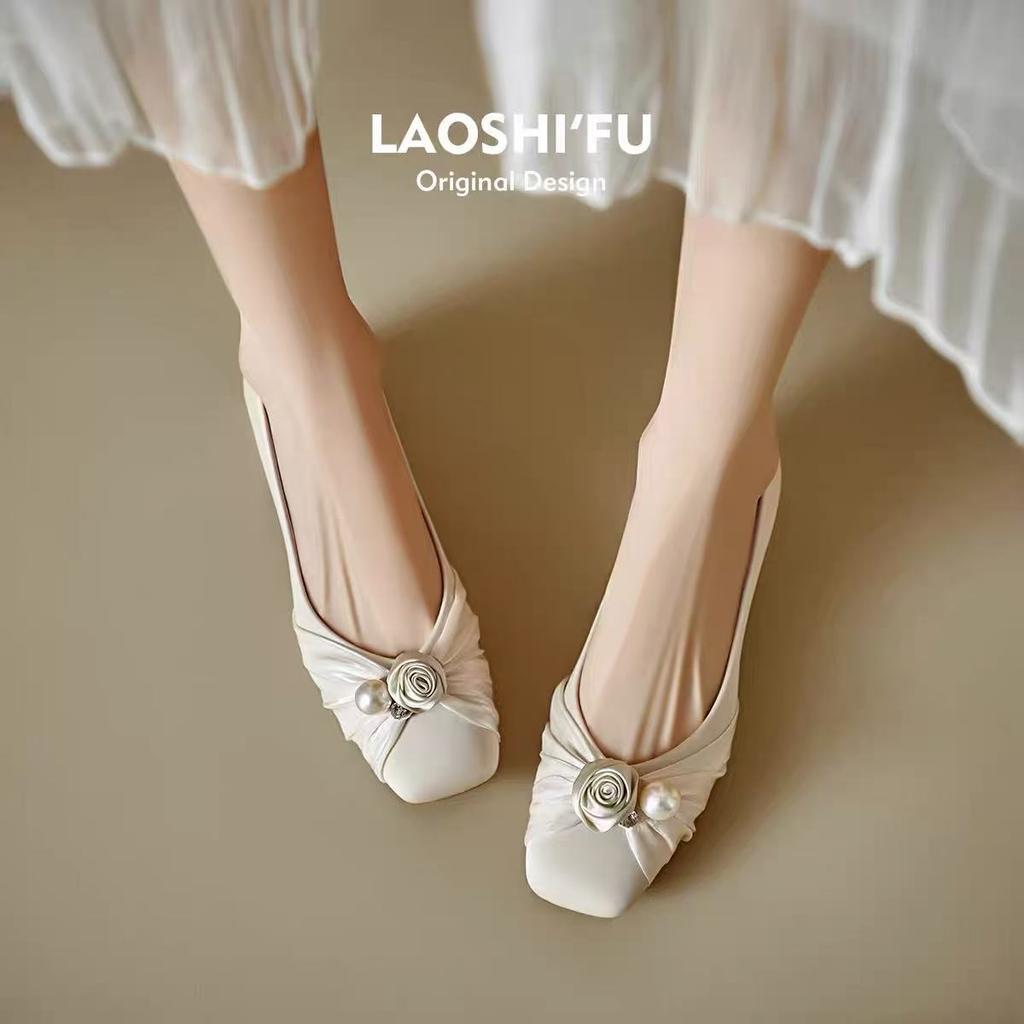 French temperament pearl flower thick heel single shoes women's shallow mouth gentle with skirt comfortable and versatile low heel evening ladyshoes