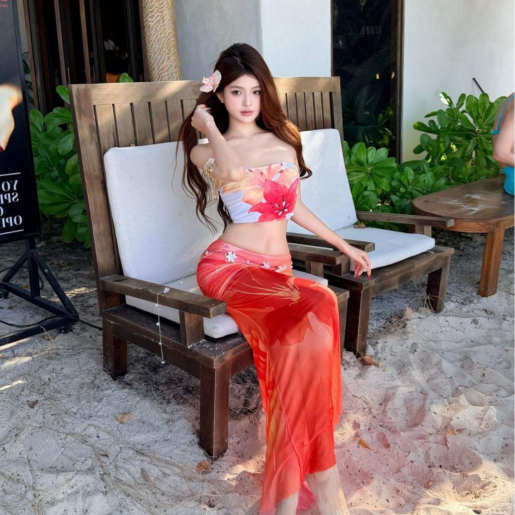 Island Resort Orange Split Bikini Niche Premium Sexy Skinny Beautiful Beach Dress Swimsuit Tube Top